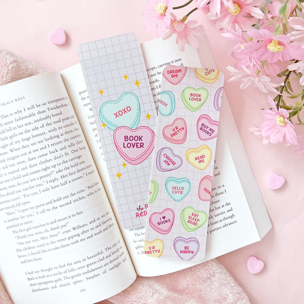 The Rosy Redhead-Bookmark-Cute Pink Candy Heart Love-Book Lover