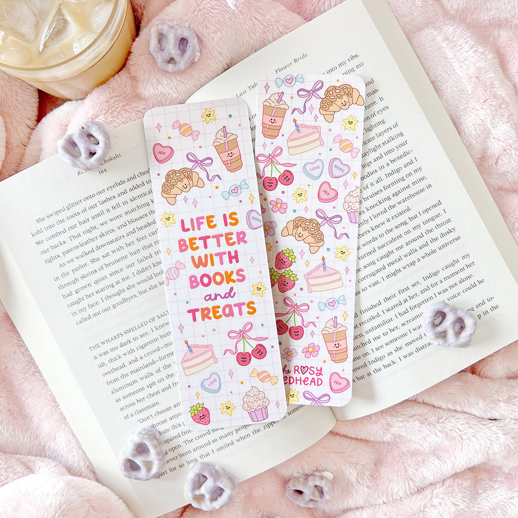 The Rosy Redhead-Cute Girly Happy Quote Bookmark-Life is Better with Books and Treats