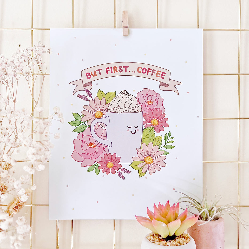 The Rosy Redhead-Cute coffee first floral art print